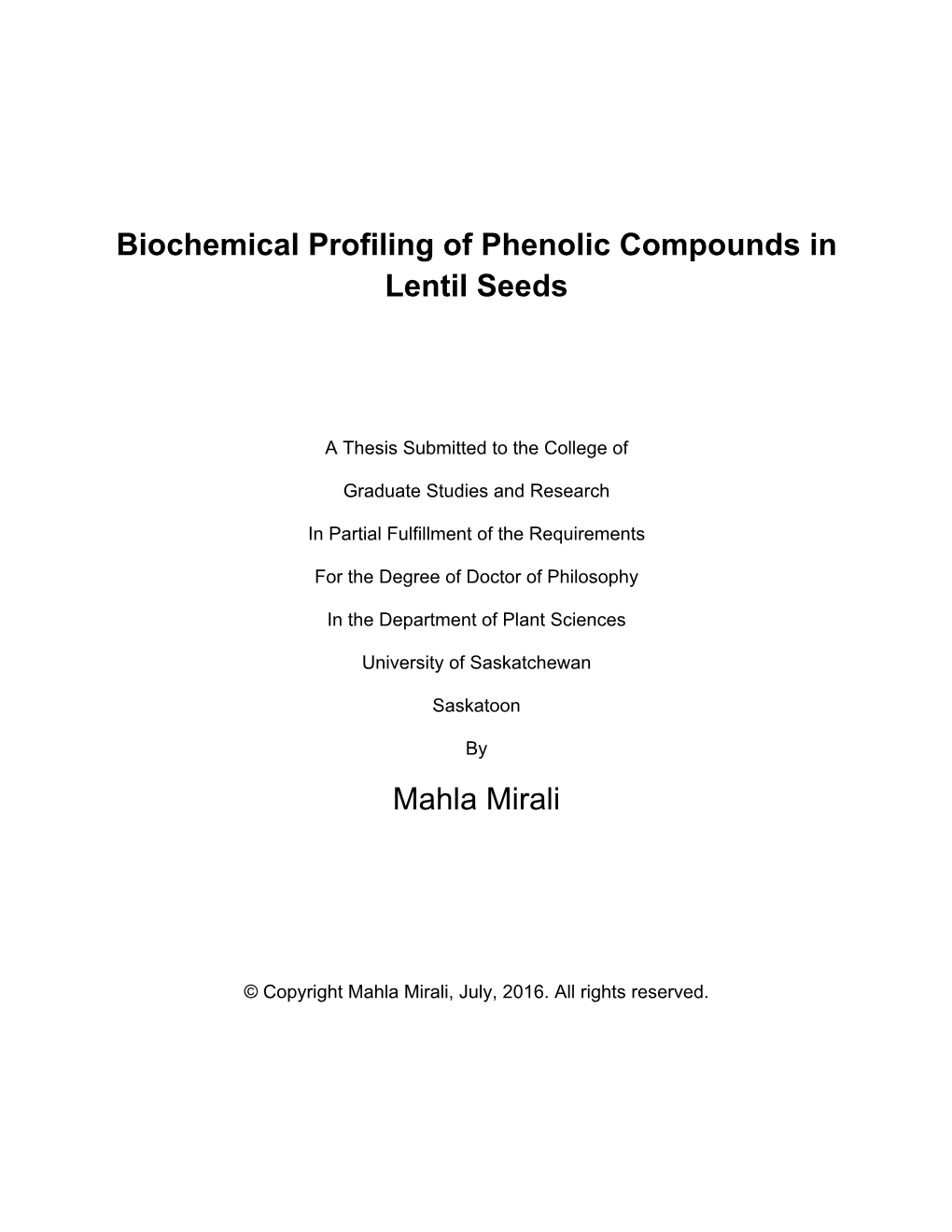 Biochemical Profiling of Phenolic Compounds in Lentil Seeds
