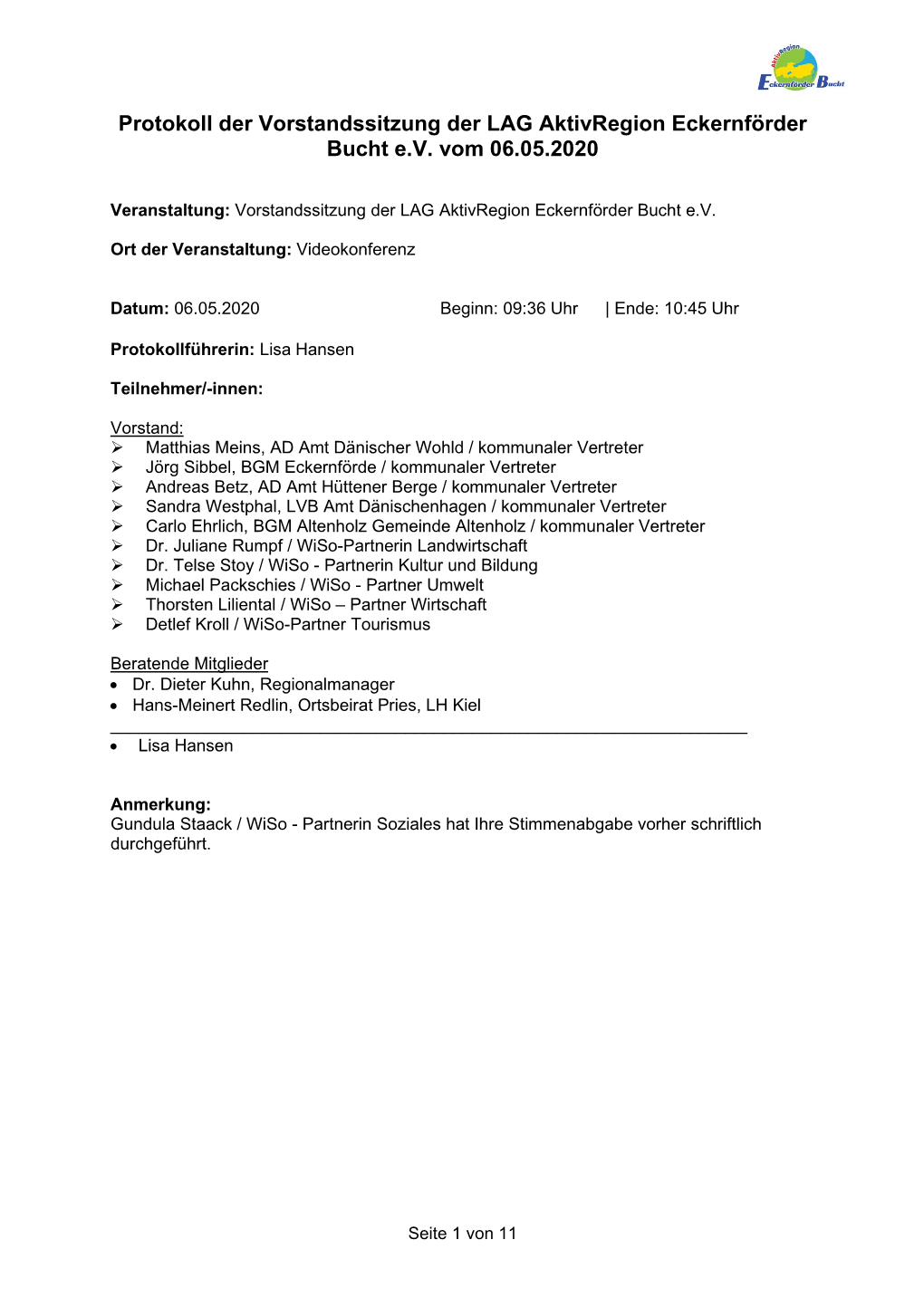 Protokoll Der Vorstandssitzung Der LAG Aktivregion Eckernförder Bucht E.V