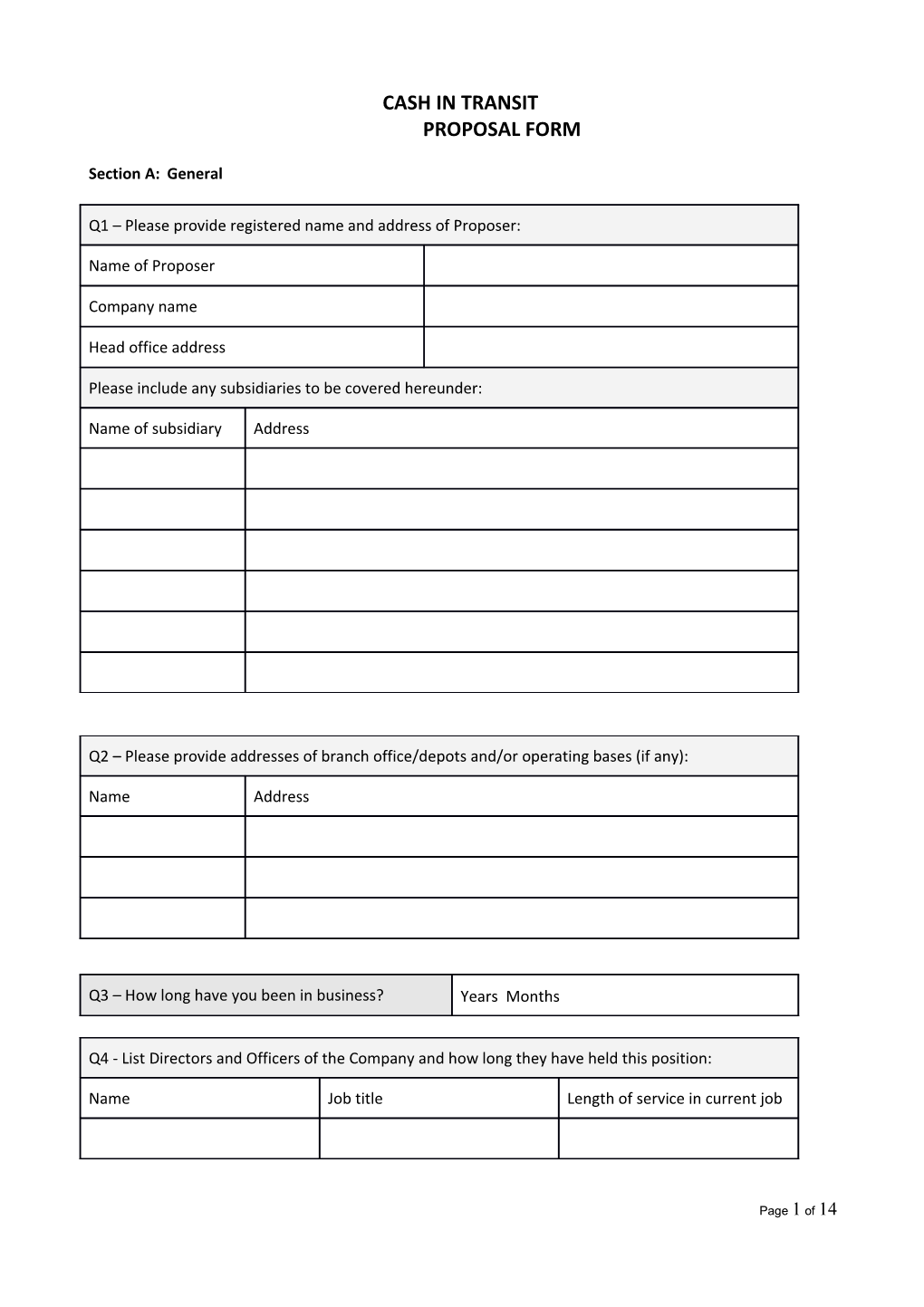 Proposal Form for Cash in Transit