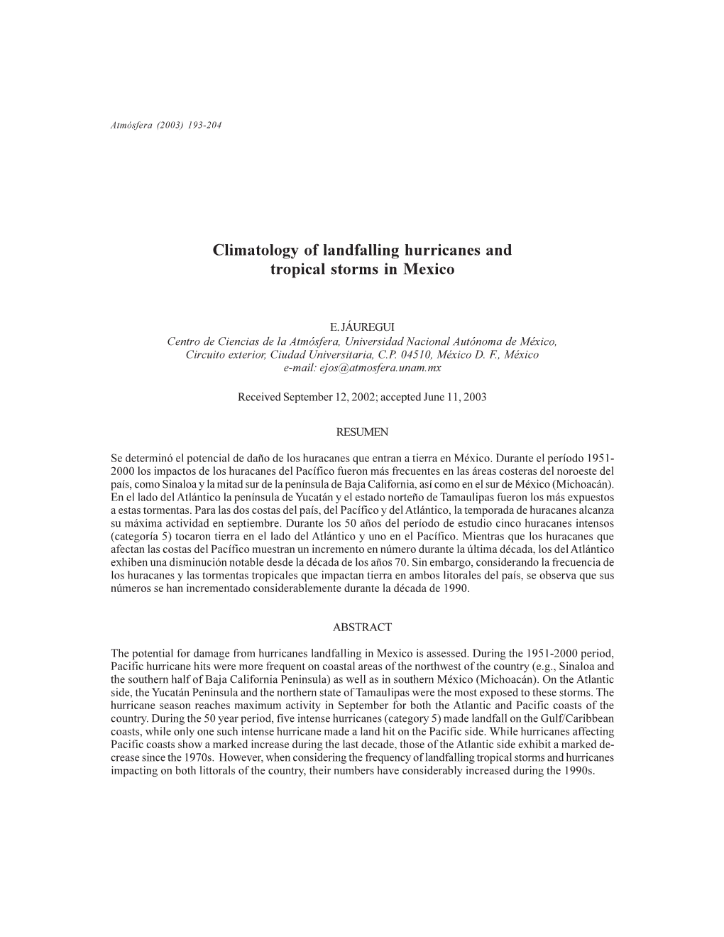 Climatology of Landfalling Hurricanes and Tropical Storms in Mexico