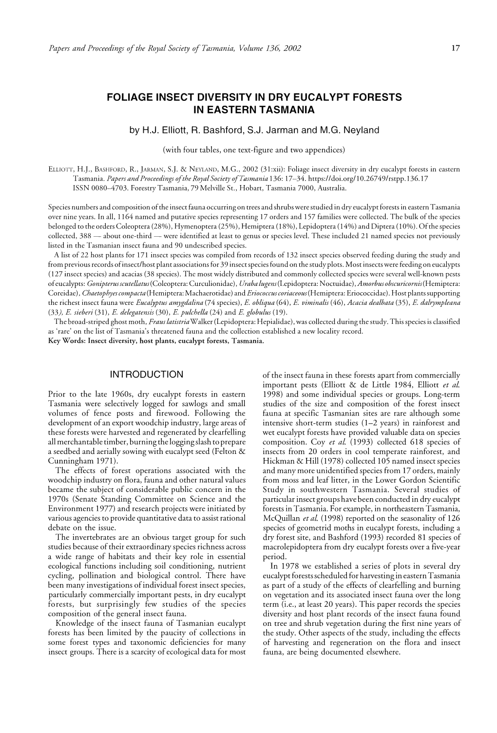 Foliage Insect Diversity in Dry Eucal Ypt Forests In