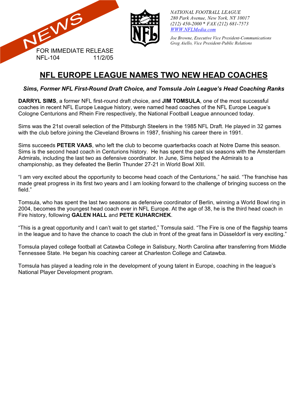 Nfl Europe League Names Two New Head Coaches