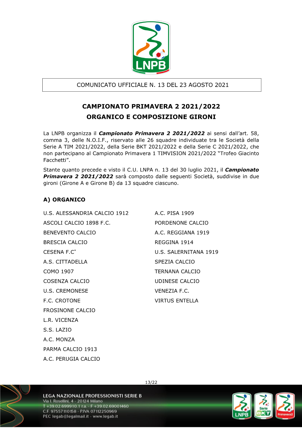 Organico E Composizione Gironi Campionato Primavera 2 2021-2022