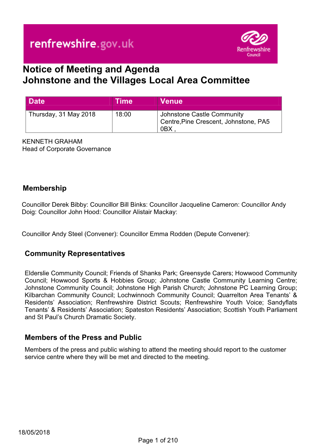 Notice of Meeting and Agenda Johnstone and the Villages Local Area Committee