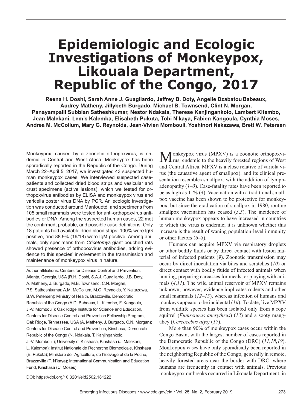 Epidemiologic and Ecologic Investigations of Monkeypox, Likouala Department, Republic of the Congo, 2017 Reena H