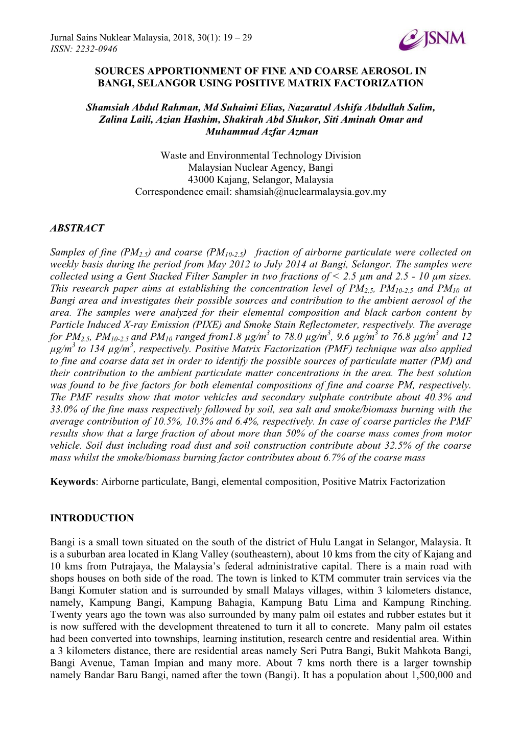 Sources Apportionment of Fine and Coarse Aerosol in Bangi, Selangor Using Positive Matrix Factorization