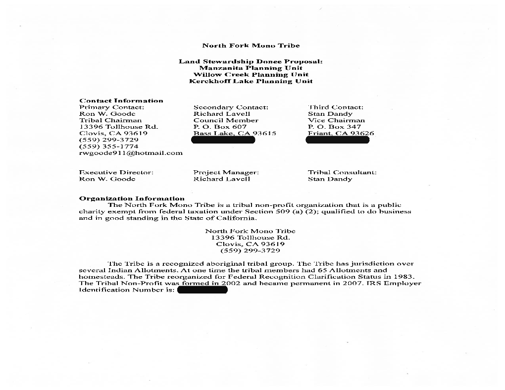 North Fork Mono Tribe Is Seeking the Ownership of the Willow Creek Planning Units That Which Includes, Manzanita Lake, Willow Creek & Smalley Cove