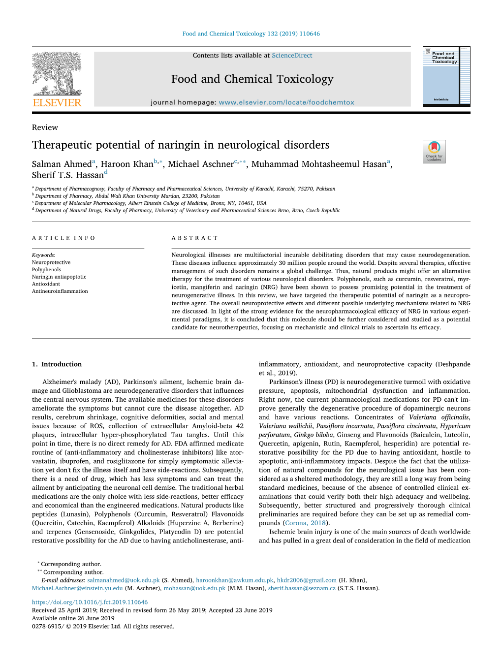 Therapeutic Potential of Naringin in Neurological Disorders T ∗ ∗∗ Salman Ahmeda, Haroon Khanb, , Michael Aschnerc, , Muhammad Mohtasheemul Hasana, Sherif T.S