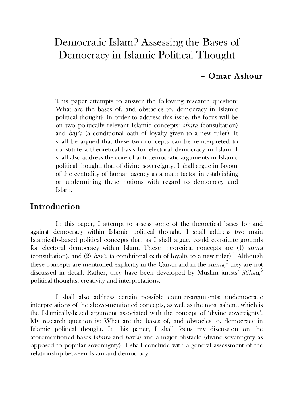 Democratic Islam? Assessing the Bases of Democracy in Islamic Political Thought