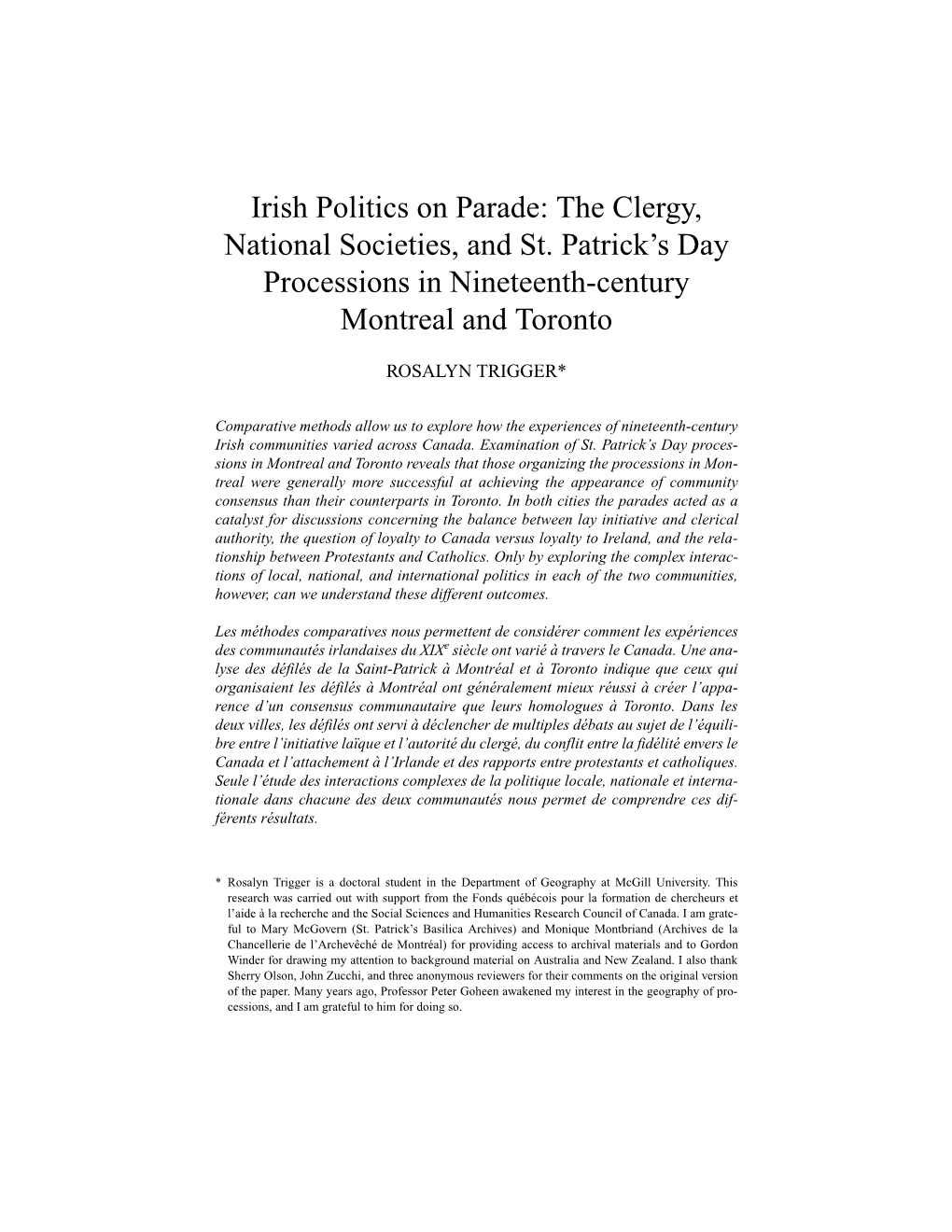 Irish Politics on Parade: the Clergy, National Societies, and St. Patrick's Day Processions in Nineteenth-Century Montreal