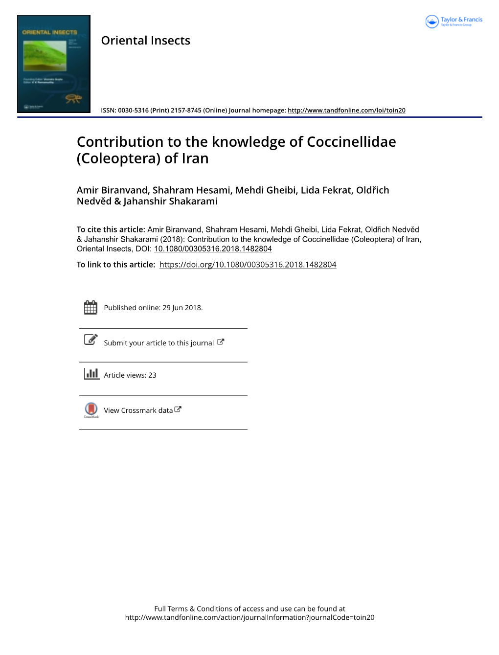 Contribution to the Knowledge of Coccinellidae (Coleoptera) of Iran