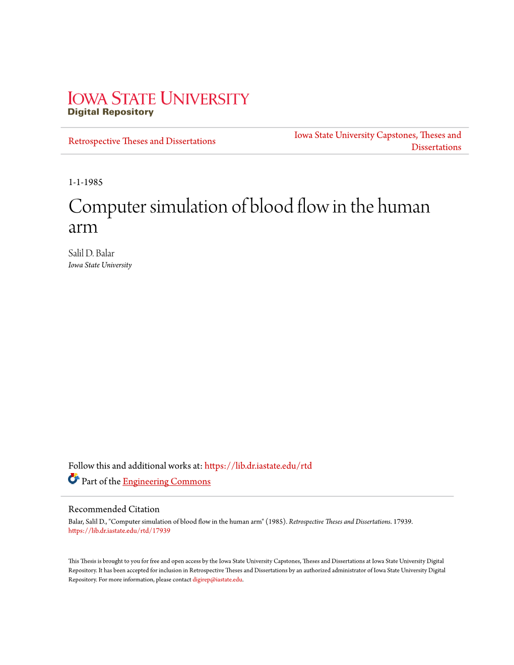 Computer Simulation of Blood Flow in the Human Arm Salil D