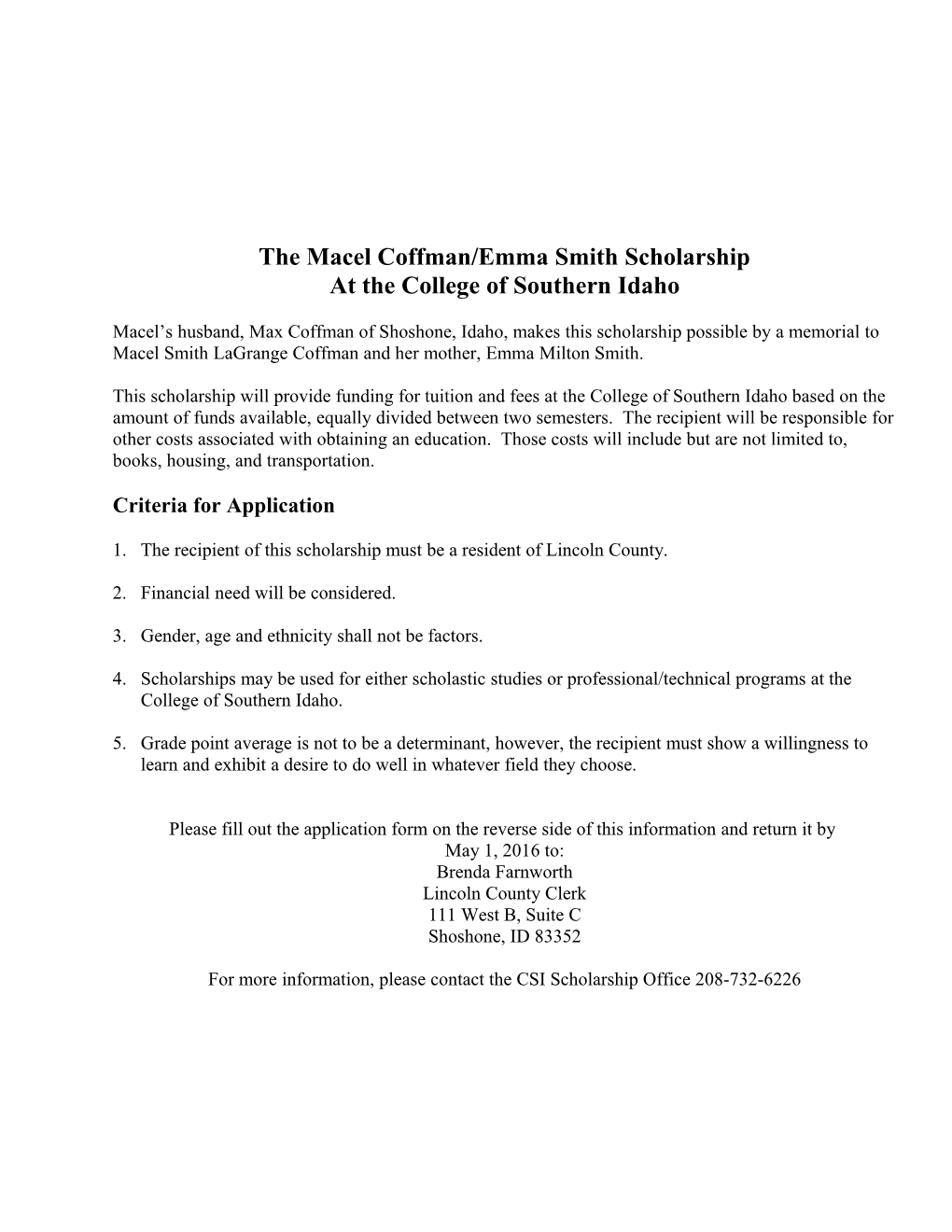 The Macel Smith Lagrange Coffman Scholarship