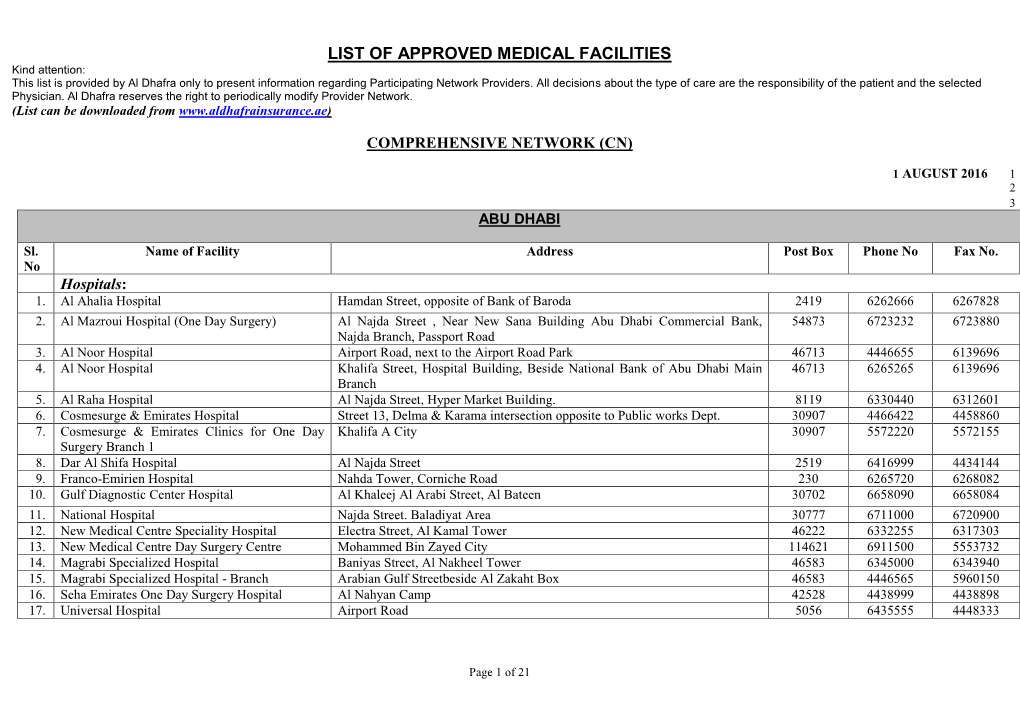 LIST of APPROVED MEDICAL FACILITIES Kind Attention: This List Is Provided by Al Dhafra Only to Present Information Regarding Participating Network Providers