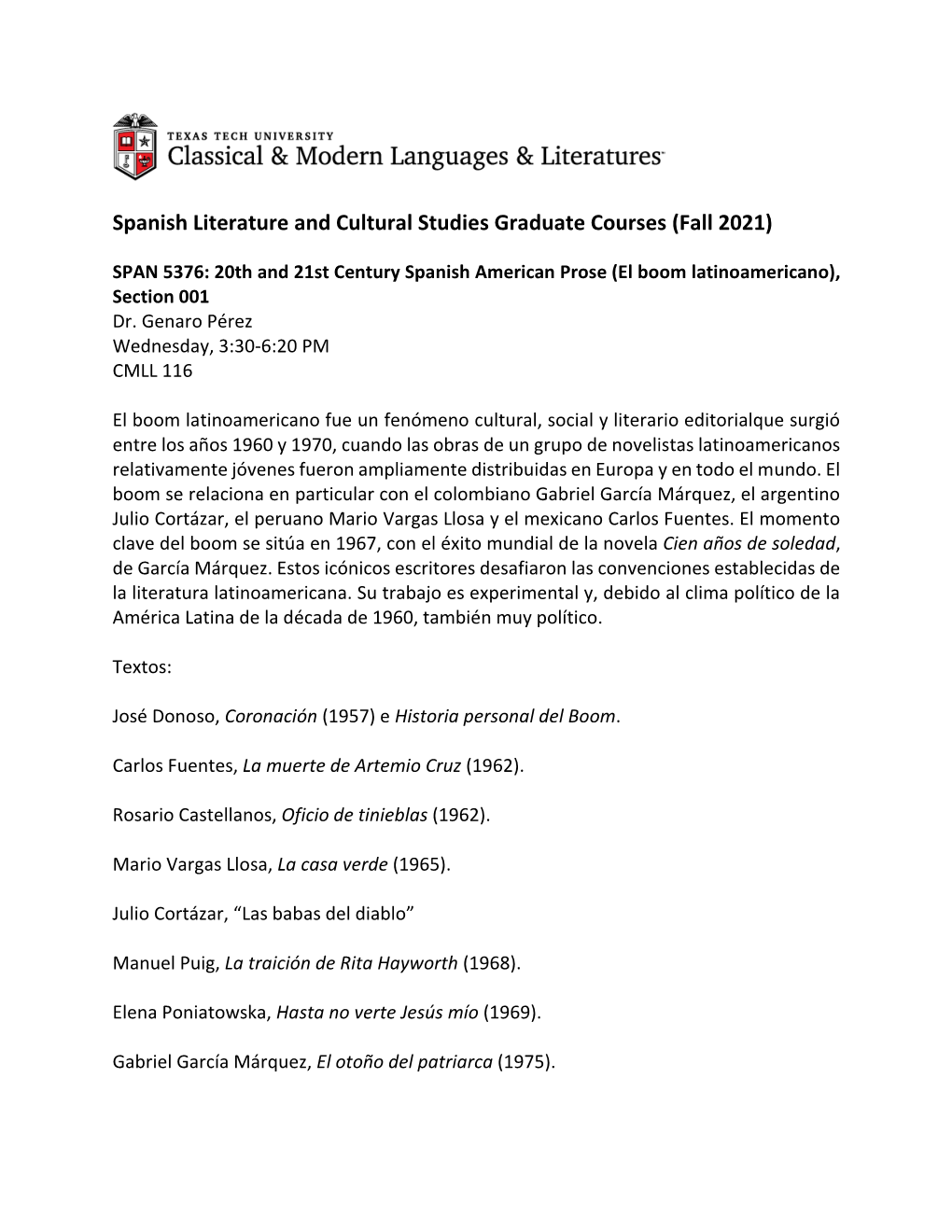 Spanish Literature and Cultural Studies Graduate Courses (Fall 2021)