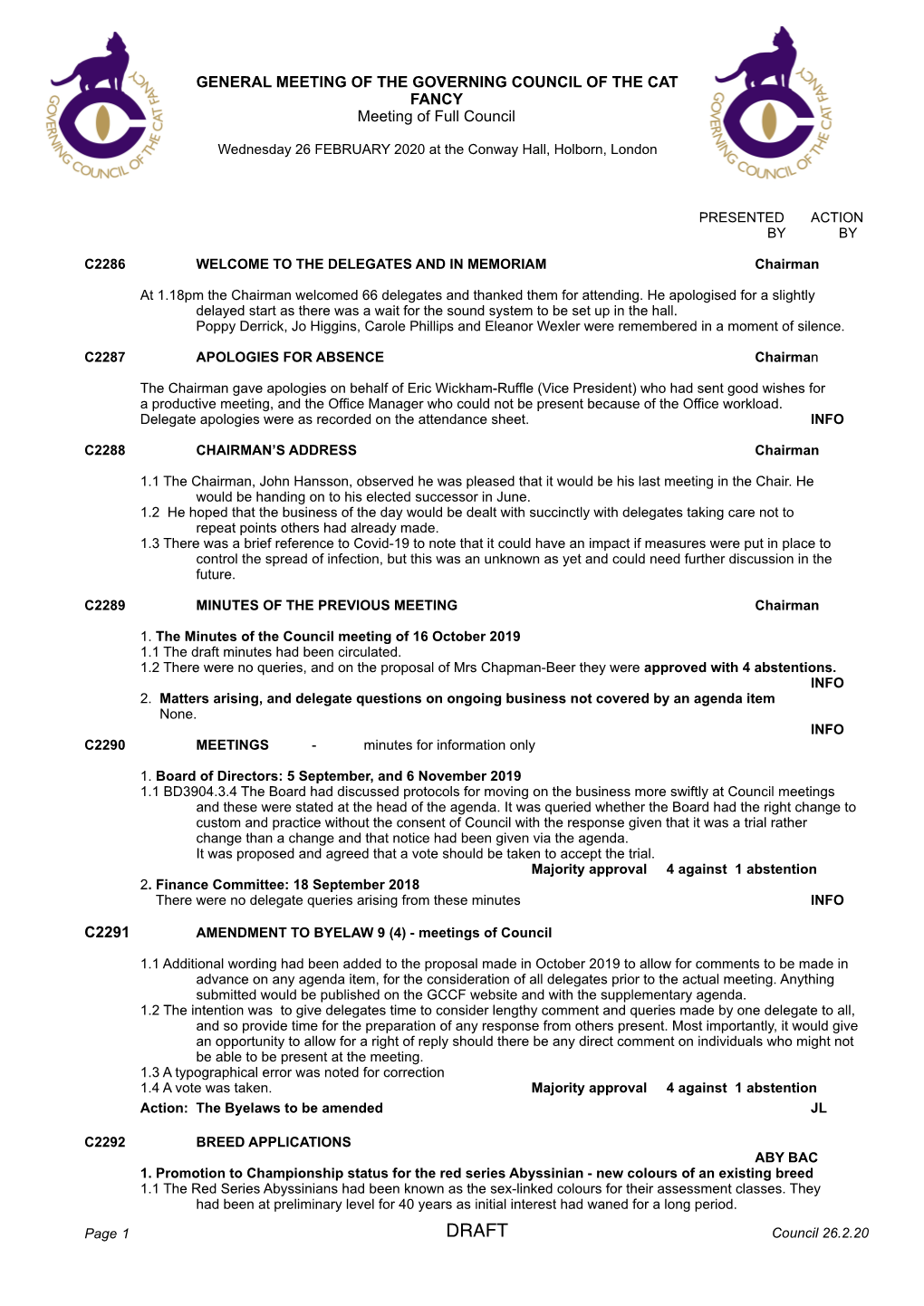 GENERAL MEETING of the GOVERNING COUNCIL of the CAT FANCY Meeting of Full Council