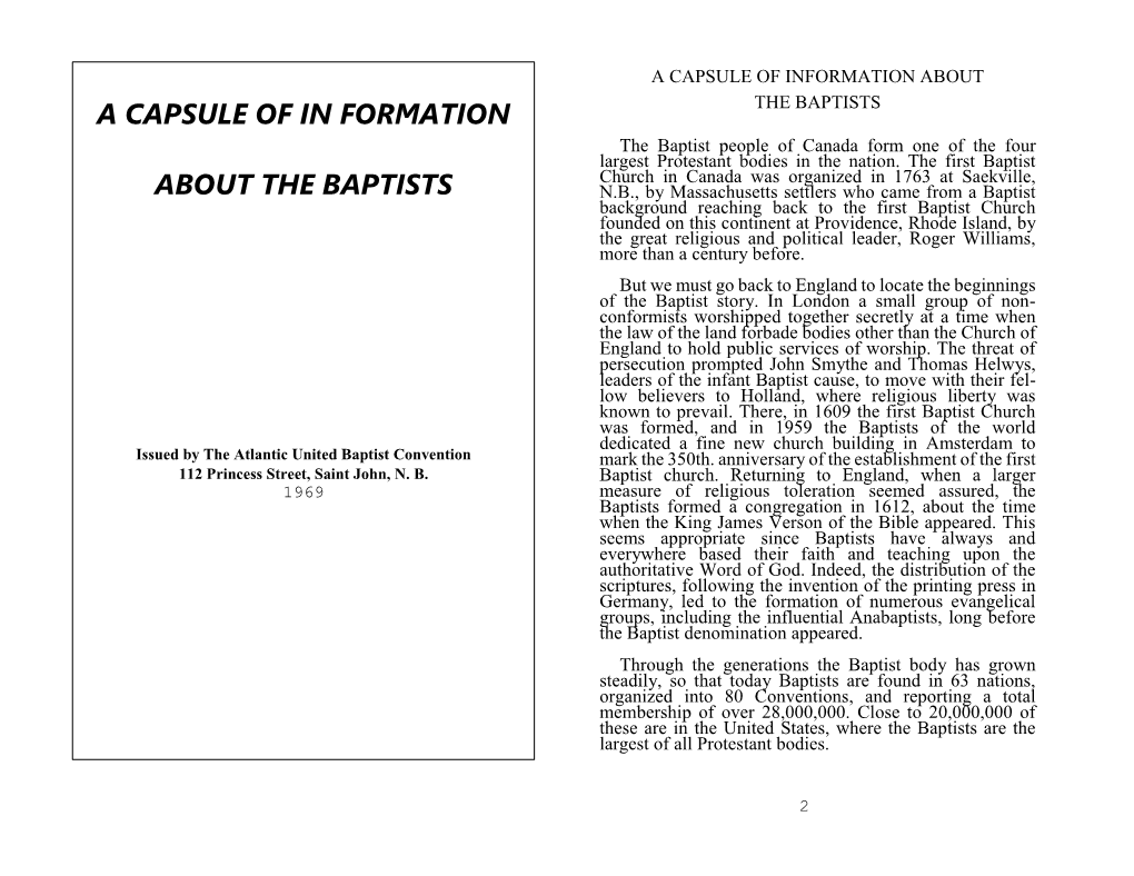 A Capsule of in Formation About the Baptists