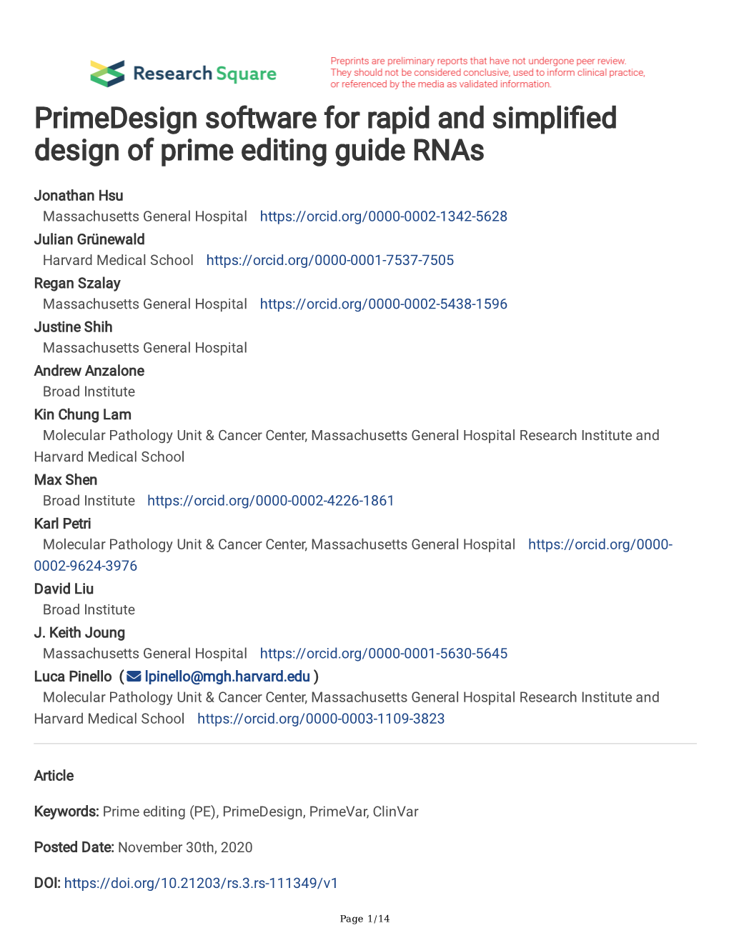 Primedesign Software for Rapid and Simpli Ed Design of Prime Editing