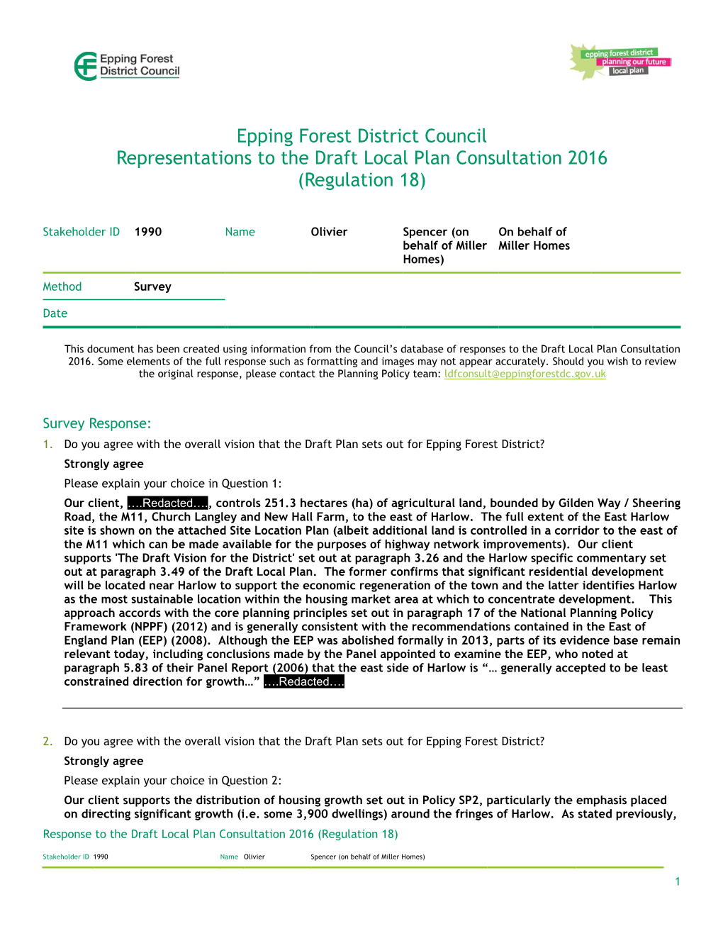 Epping Forest District Council Representations to the Draft Local Plan Consultation 2016 (Regulation 18)