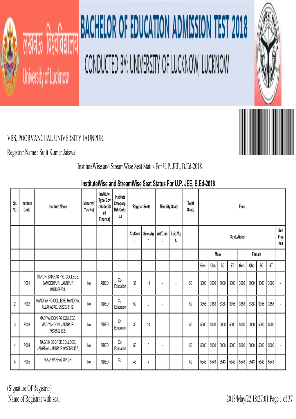 VBS, POORVANCHAL UNIVERSITY JAUNPUR Registrar Name : Sujit Kumar Jaiswal Institutewise and Streamwise Seat Status for U.P