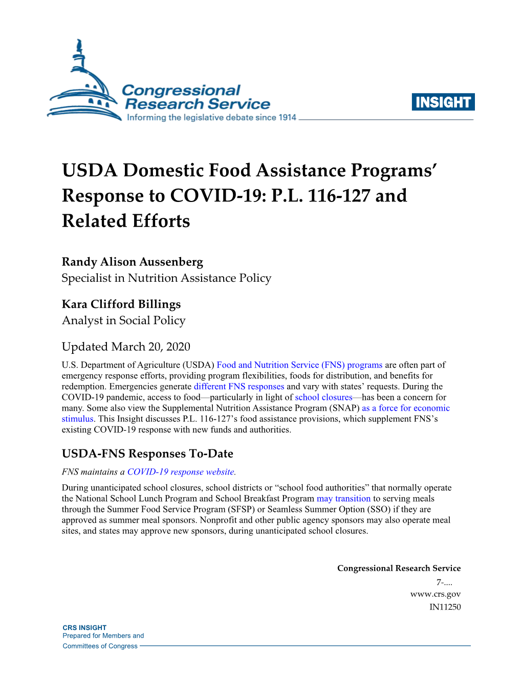 USDA Domestic Food Assistance Programs’ Response to COVID-19: P.L