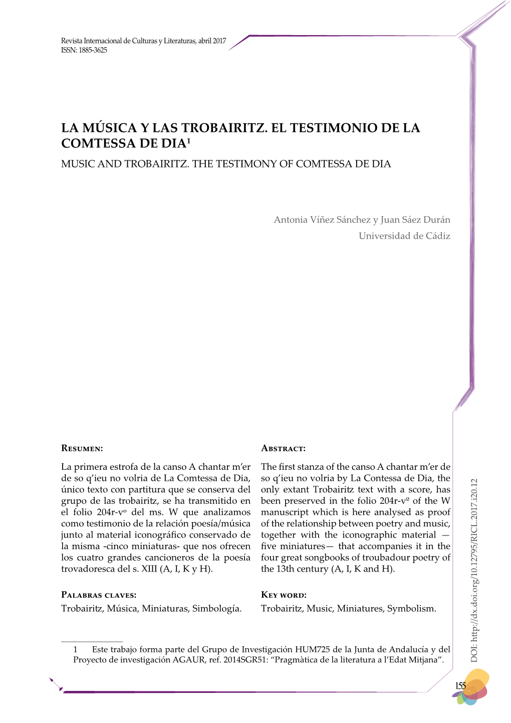 La Música Y Las Trobairitz. El Testimonio De La Comtessa De Dia1 Music and Trobairitz