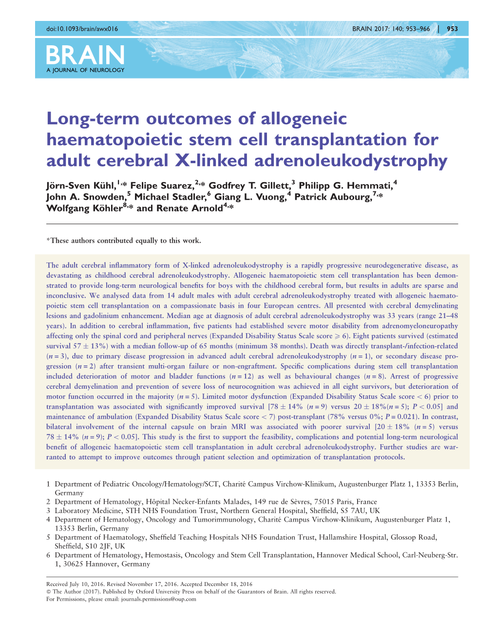 Long-Term Outcomes of Allogeneic Haematopoietic Stem Cell Transplantation for Adult Cerebral X-Linked Adrenoleukodystrophy