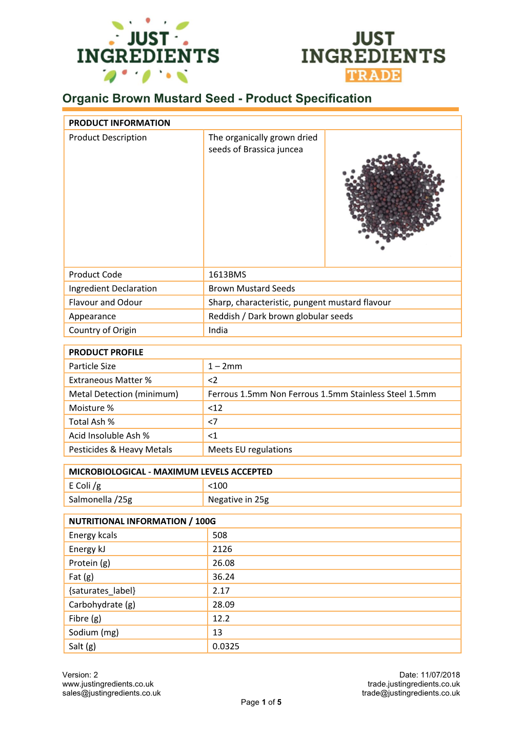 Organic Brown Mustard Seed - Product Specification