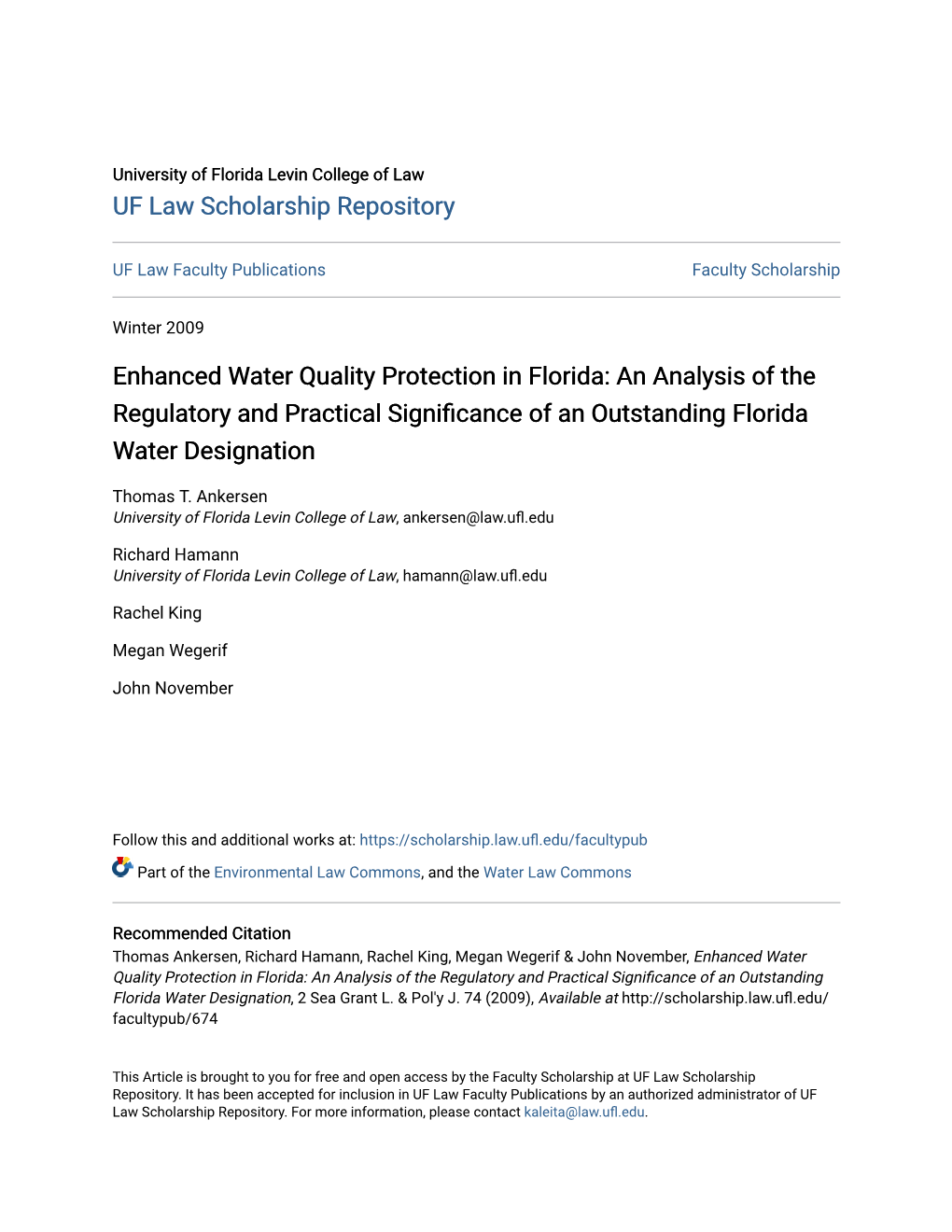 Enhanced Water Quality Protection in Florida: an Analysis of the Regulatory and Practical Significance of an Outstanding Florida Water Designation