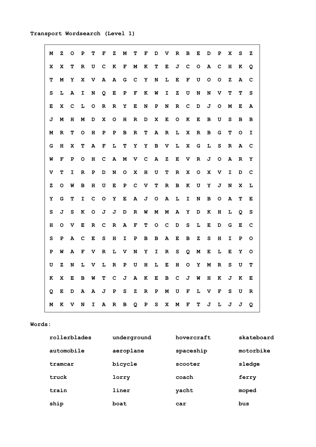 Transport Wordsearch (Level 1)