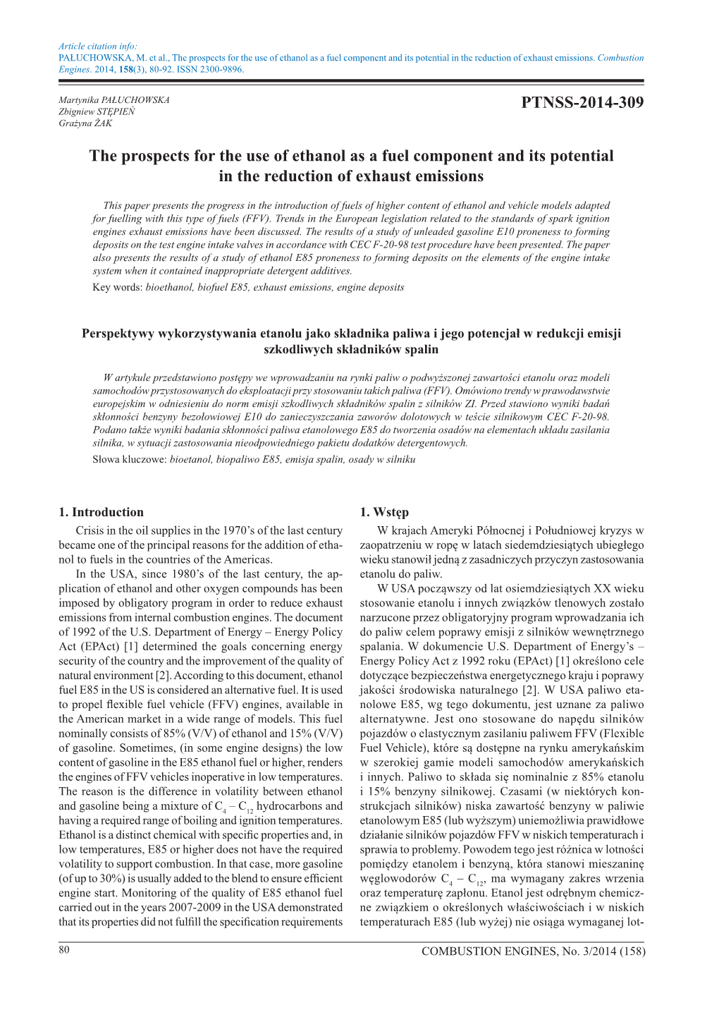 The Prospects for the Use of Ethanol As a Fuel Component and Its Potential in the Reduction of Exhaust Emissions