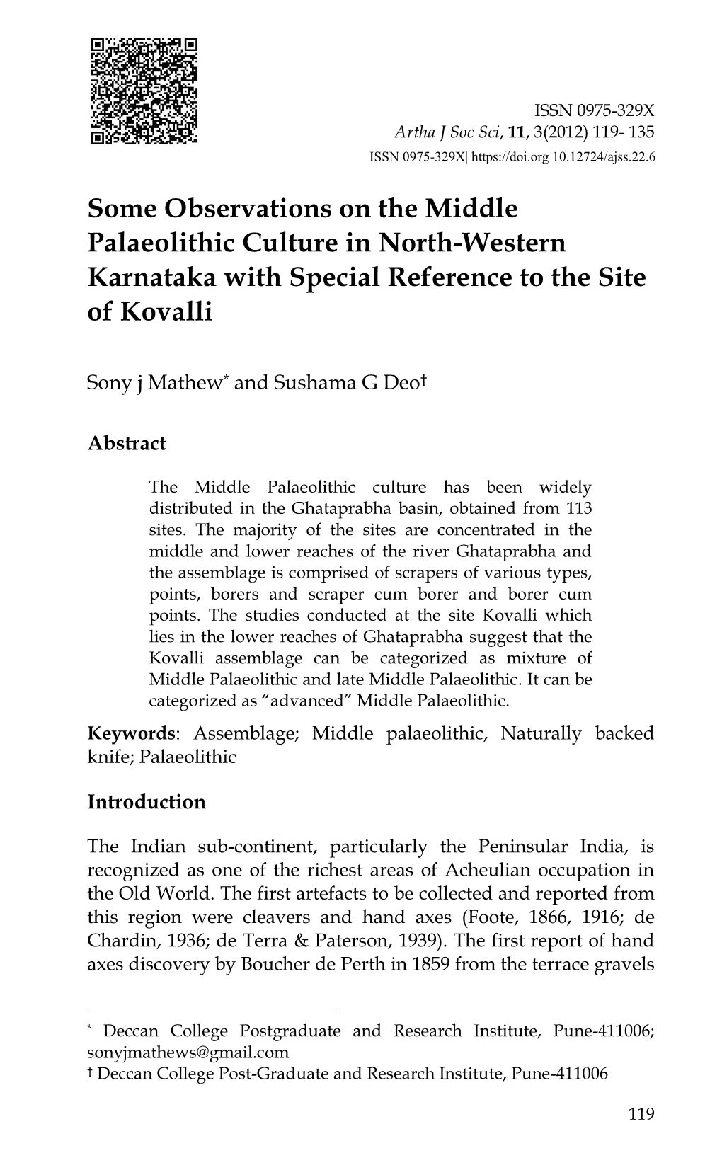 Some Observations on the Middle Palaeolithic Culture in North-Western Karnataka with Special Reference to the Site of Kovalli