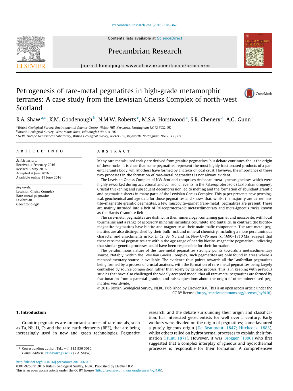 Petrogenesis of Rare-Metal Pegmatites in High-Grade Metamorphic Terranes: a Case Study from the Lewisian Gneiss Complex of North-West Scotland ⇑ R.A