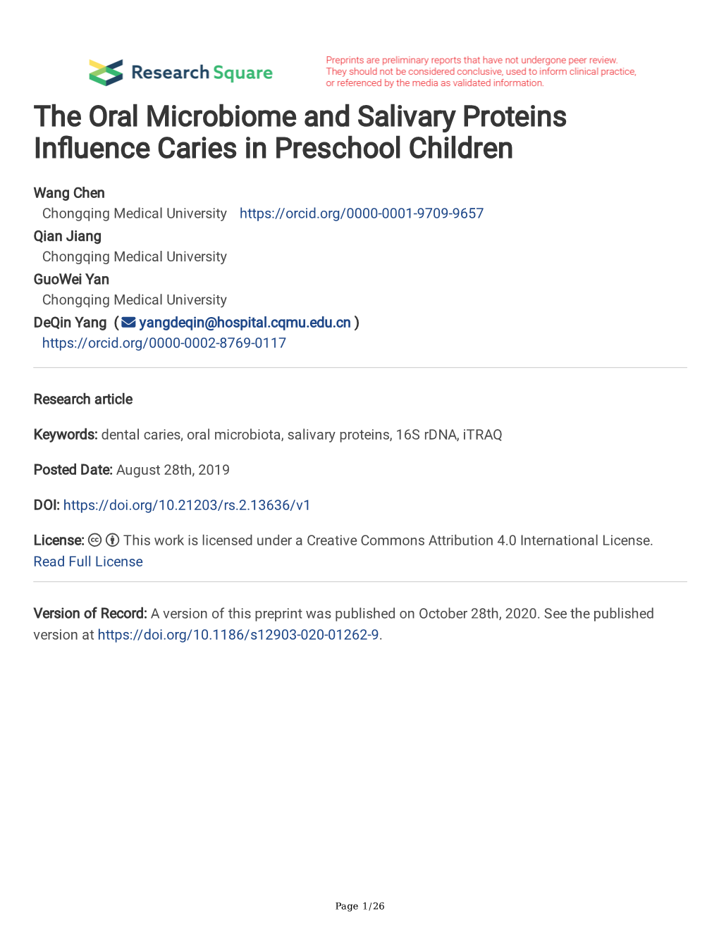 The Oral Microbiome and Salivary Proteins Influence Caries in Preschool Children