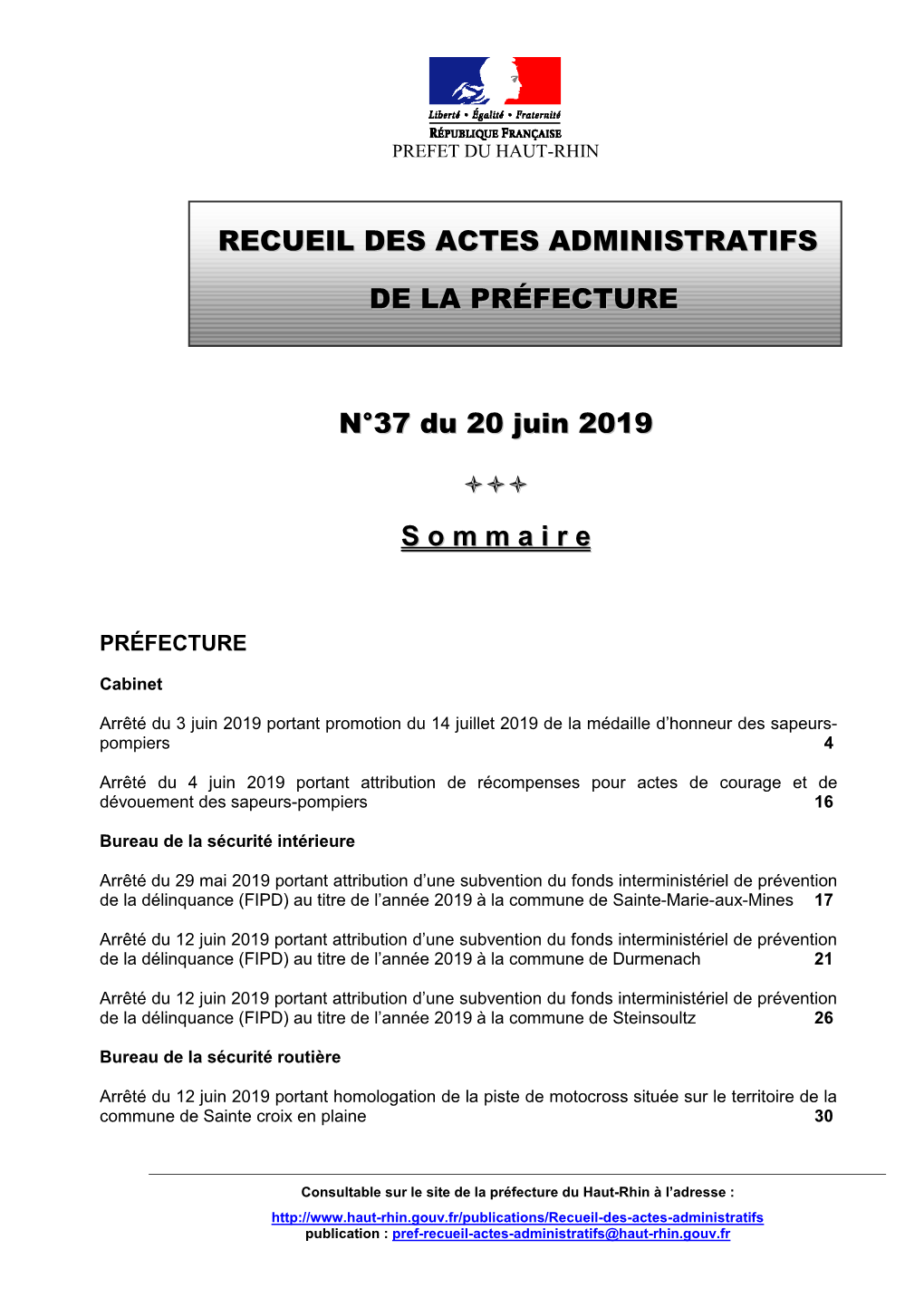 Recueil Des Actes Administratifs De La Préfecture Du Haut-Rhin
