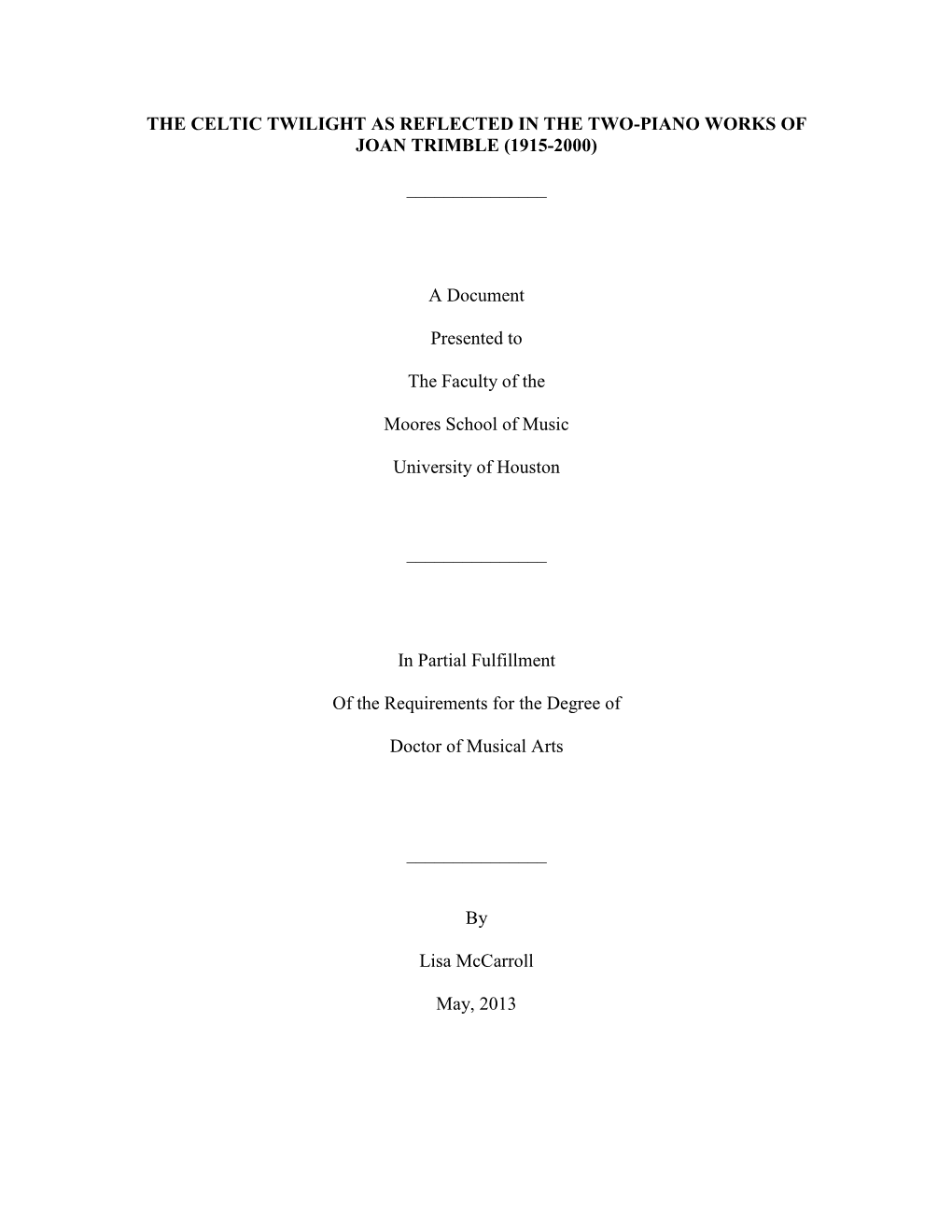 The Celtic Twilight As Reflected in the Two-Piano Works of Joan Trimble (1915-2000)