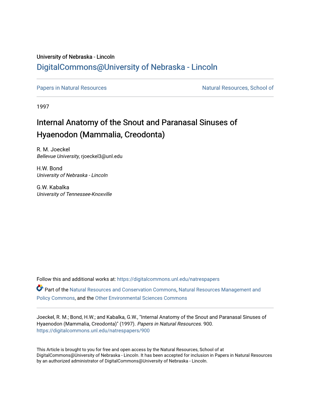 Internal Anatomy of the Snout and Paranasal Sinuses of Hyaenodon (Mammalia, Creodonta)