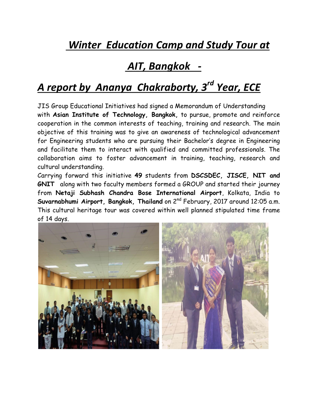 Winter Education Camp and Study Tour at AIT, Bangkok - a Report by Ananya Chakraborty, 3Rd Year, ECE