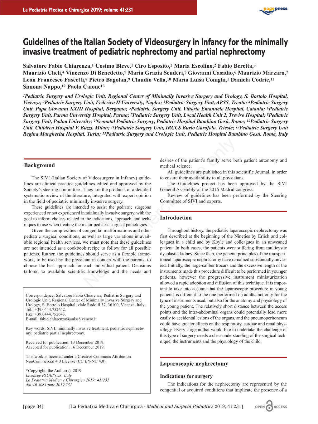 Guidelines of the Italian Society of Videosurgery in Infancy for the Minimally Invasive Treatment of Pediatric Nephrectomy and Partial Nephrectomy