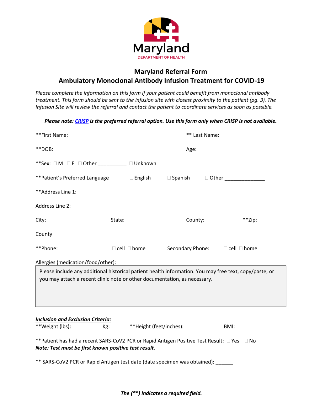 Maryland Referral Form Ambulatory Monoclonal Antibody Infusion Treatment for COVID-19