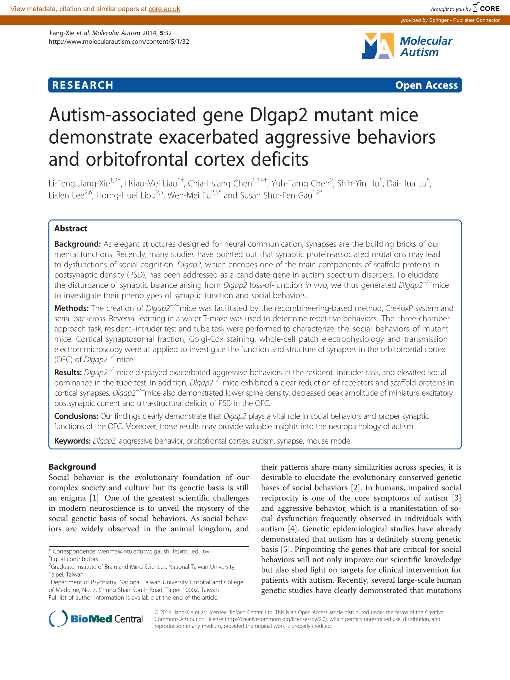 Autism-Associated Gene Dlgap2 Mutant Mice Demonstrate