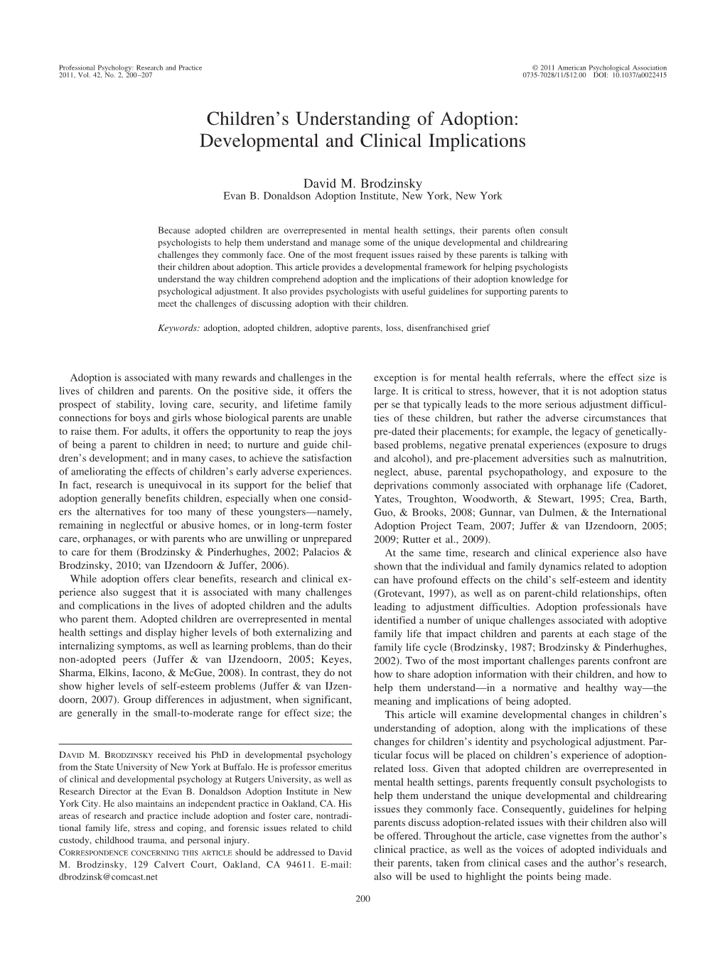 Children's Understanding of Adoption: Developmental and Clinical Implications