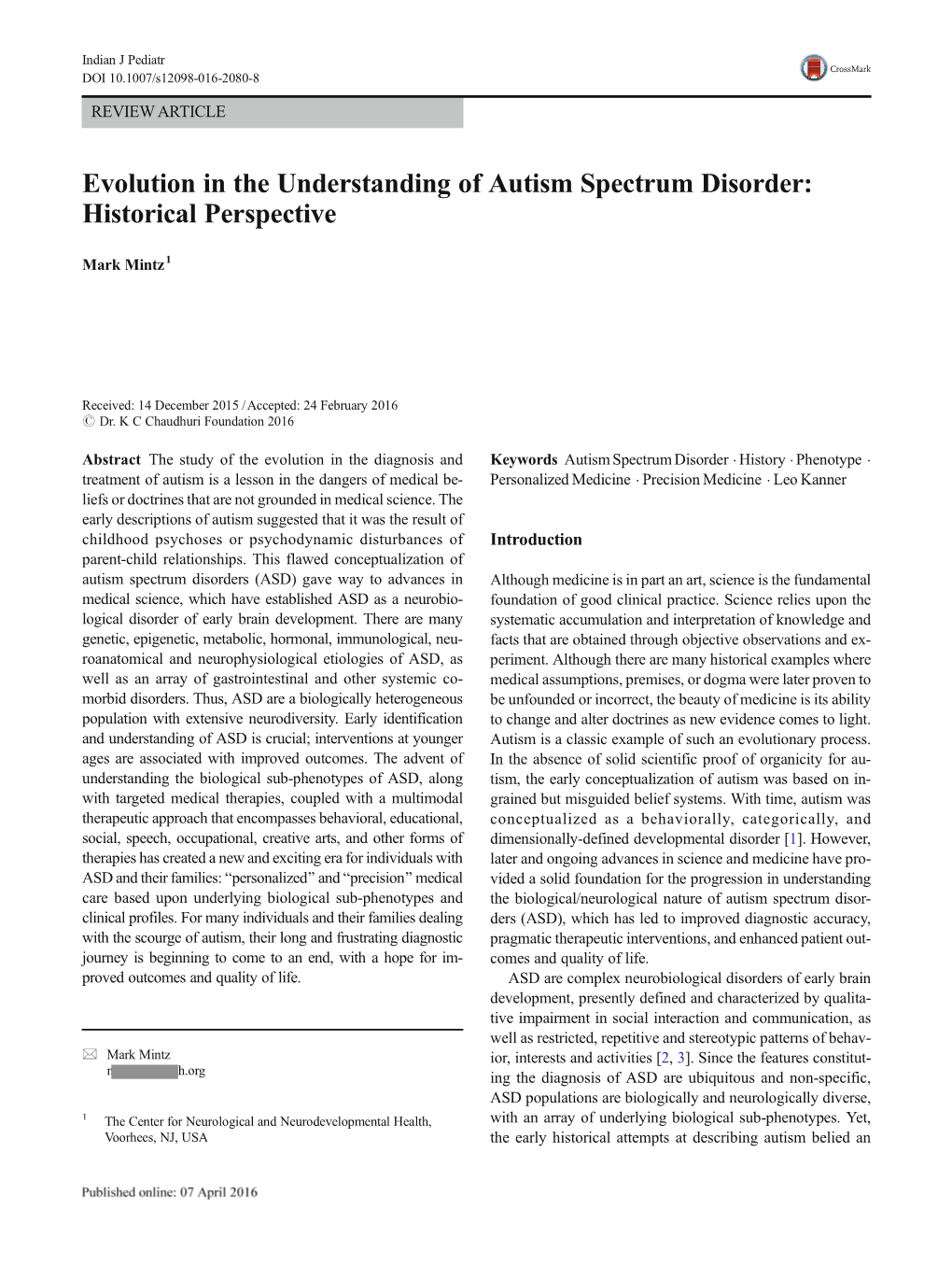 Evolution in the Understanding of Autism Spectrum Disorder: Historical Perspective