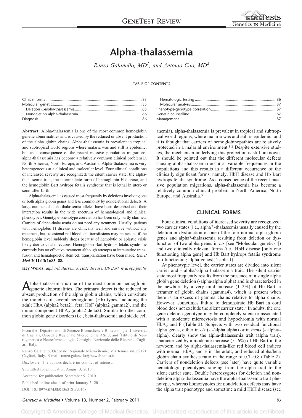 Alpha-Thalassemia Renzo Galanello, MD1, and Antonio Cao, MD2