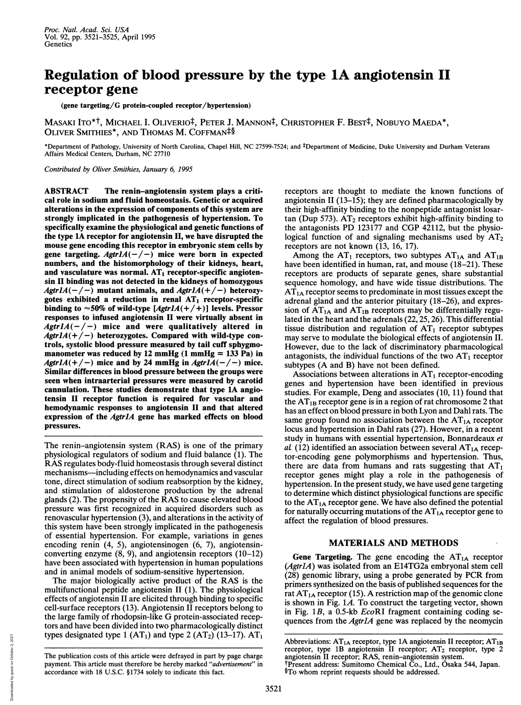 Regulation of Blood Pressure by the Type 1Aangiotensin II Receptor Gene