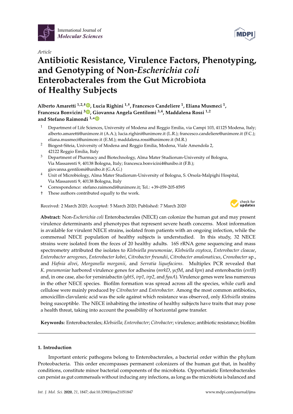 Antibiotic Resistance, Virulence Factors, Phenotyping, and Genotyping of Non-Escherichia Coli Enterobacterales from the Gut Microbiota of Healthy Subjects