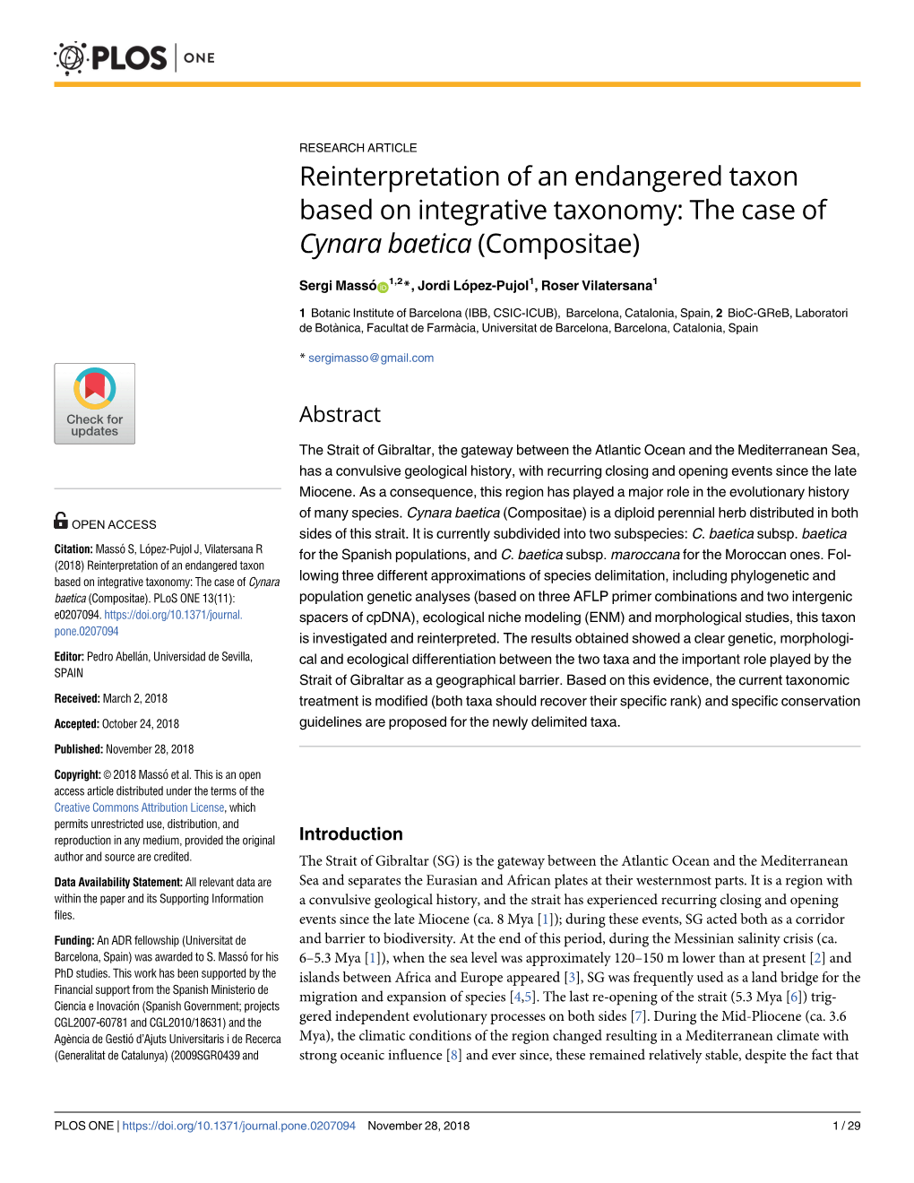 Reinterpretation of an Endangered Taxon Based on Integrative Taxonomy: the Case of Cynara Baetica (Compositae)
