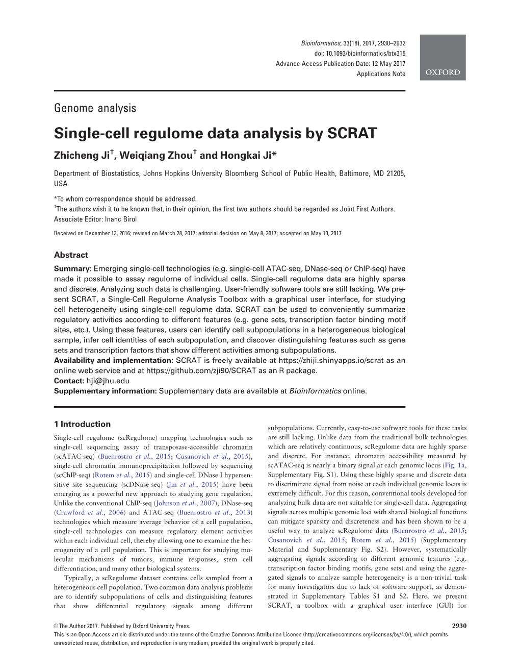 Single-Cell Regulome Data Analysis by SCRAT Zhicheng Ji†, Weiqiang Zhou† and Hongkai Ji*