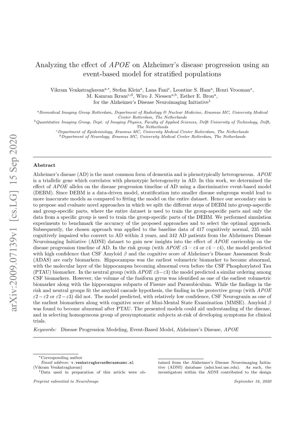 Arxiv:2009.07139V1 [Cs.LG] 15 Sep 2020 and in Selecting Homogeneous Group of Presymptomatic Subjects At-Risk of Developing Symptoms for Clinical Trials