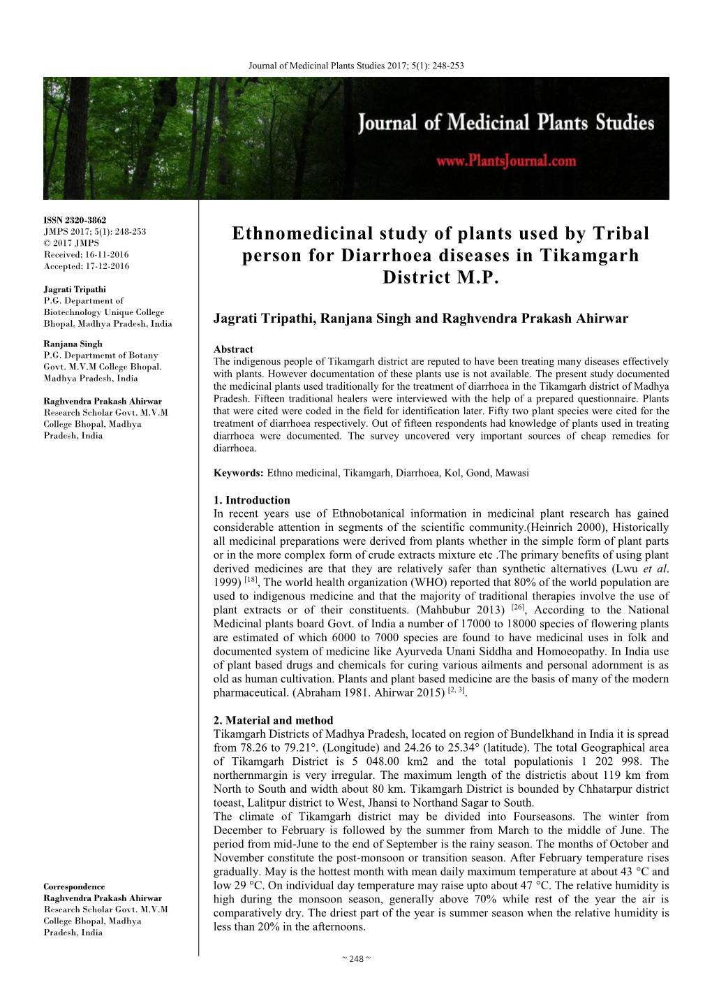 Ethnomedicinal Study of Plants Used by Tribal Person for Diarrhoea